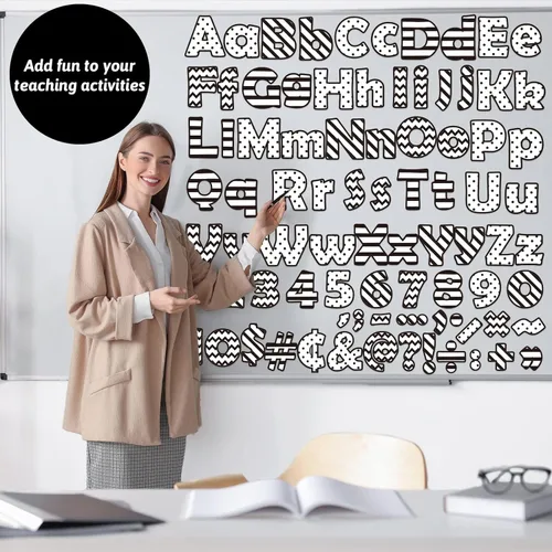 Miniatura 5 de 260 piezas de letras en blanco y negro para tablón de anuncios de aula, paquete combinado de letras de 4 pulgadas, juego de puntos y rayas