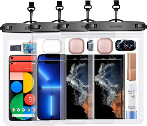 Miniatura 12 de Paquete de 4 fundas impermeables grandes para teléfono de 10.5" - Soporte transparente para celular bajo el agua - Bolsa seca universal a prueba