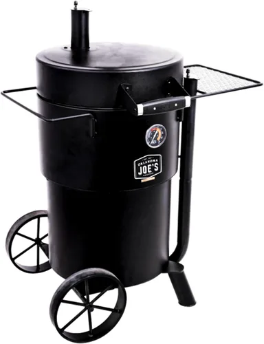 Char-Broil Oklahoma Joes Bronco - Ahumador de tambor de barril con acero recubierto de porcelana, canal de entrada de aire y superficie de cocción