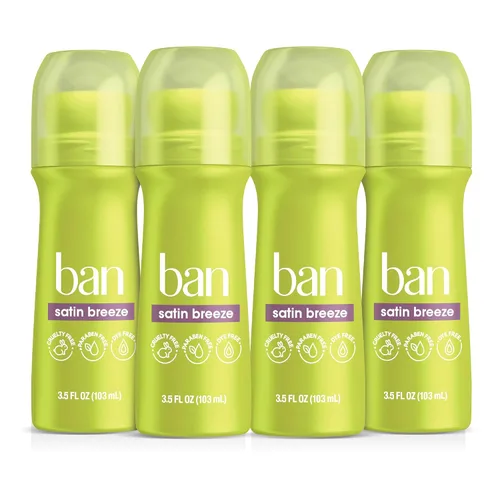 Ban Desodorante Antitranspirante Roll-on Invisible para Mujeres y Hombres, Protección contra Olor y Sudor de Axilas de 24 Horas, Satin Breeze, 3.5
