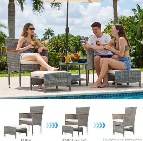 Miniatura 6 de Juego de 5 muebles de patio al aire libre con mesa y otomana para exteriores, juego de patio de mimbre bistró