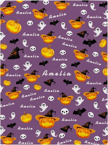 PUREFLY Manta personalizada de Halloween con nombre para bebé, sombrero de bruja de calabaza, murciélagos negros, decoración de manta de forro polar