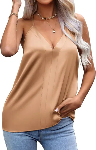 Ekouaer Camisola de satén para mujer, cuello en V, lencería de seda, sin mangas, tirantes delgados, blusa casual con espalda cruzada