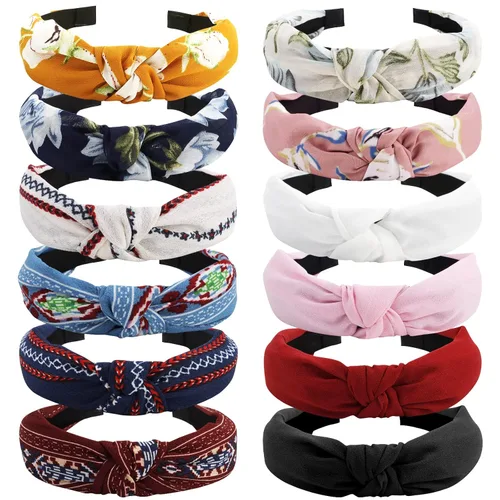 Miniatura 16 de VELSCRUN Diademas anudadas para mujer, 12 unidades, diadema ancha, estilo bohemio, turbante, banda elástica para el cabello, accesorios
