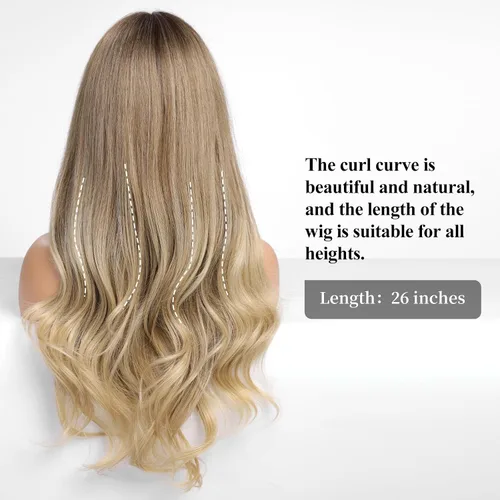 Miniatura 3 de HAIRCUBE Peluca de color marrón a rubio con flequillo para mujer, peluca de cabello largo ondulado marrón y rubio, pelucas sintéticas rizadas