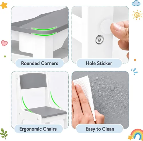 Miniatura 5 de Arlopu - Juego de mesa y 2 sillas de arte para niños, mesa de actividades de madera para niños de gran tamaño, escritorio de dibujo robusto con gran