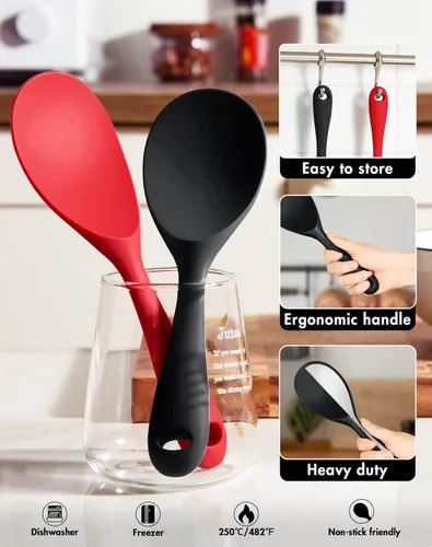 Miniatura 2 de FireKylin 2 piezas paleta de arroz de silicona, cuchara espátula antiadherente para arroz, cuchara para arrocera resistente al calor (negro)