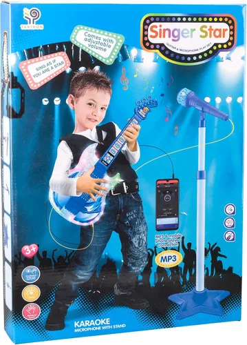 Miniatura 7 de TAKIHON Juego de guitarra y micrófono para niños, juguetes de guitarra con música y luz colorida, micrófono de altura ajustable con soporte