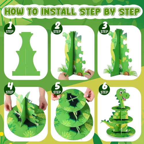 Miniatura 3 de Censen Soporte para cupcakes de dinosaurio de 3 niveles, decoración de fiesta con temática de dinosaurio, decoración de torre de postre