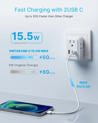 Miniatura 4 de Paquete de 2 adaptadores de enchufe de viaje europeos, adaptador VINTAR Europe con 4 salidas de CA, 3 puertos USB (2 USB C), adaptador de corriente
