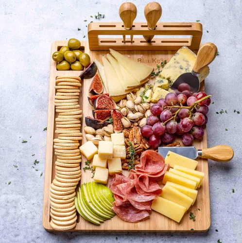 Miniatura 4 de Juego de tabla de queso de bambú y cuchillos de 14 x 11 pulgadas – Tabla de cortar queso de madera, bandeja de servir, juego de tabla de embutidos