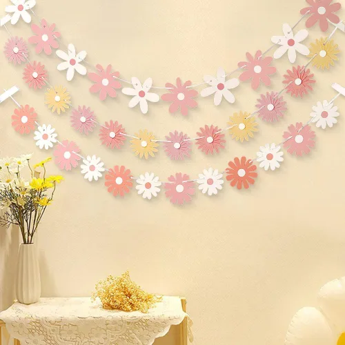 Miniatura 5 de Paquete de 3 pancartas de margaritas rosadas, decoraciones únicas de margaritas florales, guirnalda de margaritas florales, decoración de papel