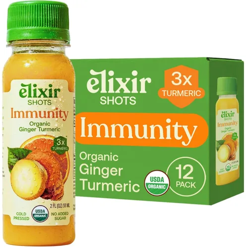 Elixir Shots, Inmunity Daily Wellness Shot con cúrcuma prensada en frío, jengibre, limón, naranja y pimienta negra, sin azúcares añadidos ni