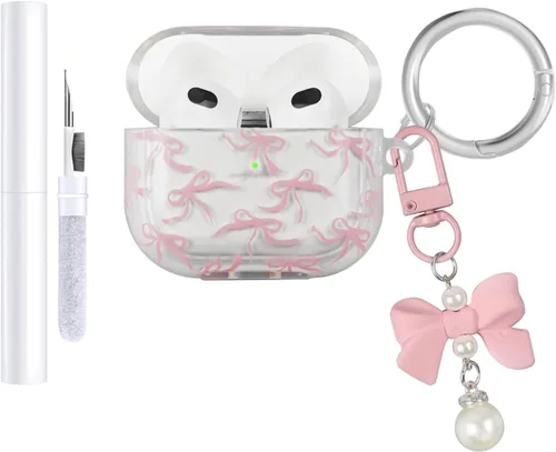 Miniatura 13 de Funda compatible con AirPods 3 2021, TPU suave con bonito patrón de flores para AirPods de 3ª generación con llavero de flores y mosquetón para Negro