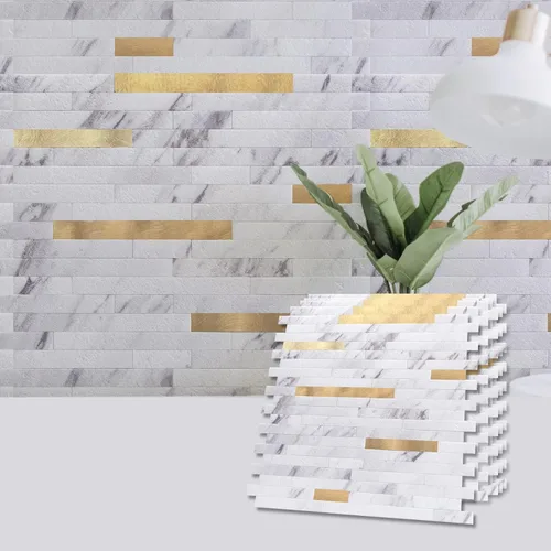 Miniatura 2 de Art3d - Azulejo para cocina, baño, 10 hojas despega y pega, color blanco adornado con metal dorado. Volakas Blanco + Metal Oro