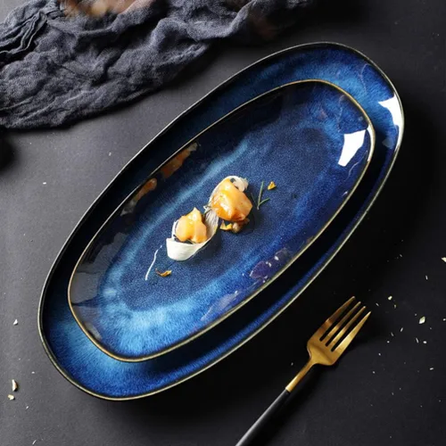 Miniatura 3 de Cabilock Bandeja de pescado Placa de sushi de cerámica Blue Black Snack Serving Plate para fiesta de boda
