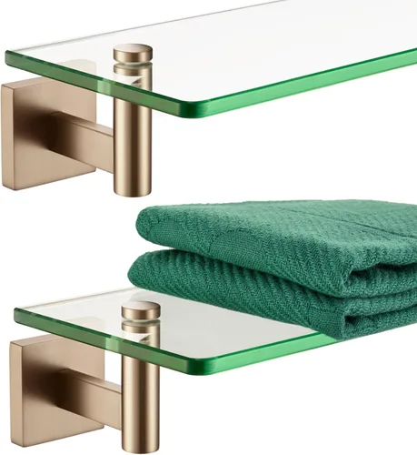KOKOSIRI Estantes de pared para baño, estante flotante de vidrio templado, estante colgante para almacenamiento/decoración de habitación, 20 Bronce