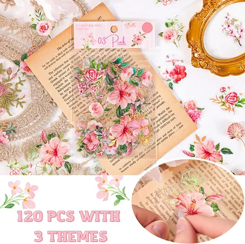 Miniatura 4 de Aromoty Juego de 120 calcomanías holográficas de lámina dorada con 3 temas, calcomanías de resina transparente impermeable vintage para álbumes