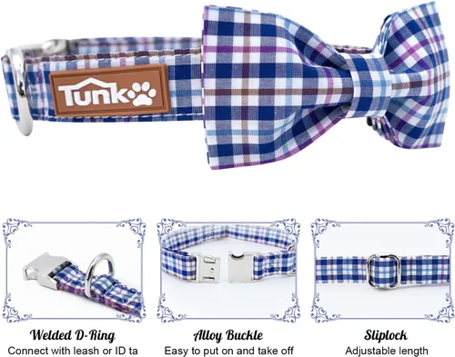 Miniatura 2 de Tunkoo Collar para perro con pajarita, elegante, a cuadros, suave, cómodo, de algodón, ajustable, hebilla de metal premium, pequeño, mediano