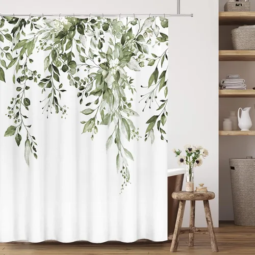 Miniatura 3 de Tititex - Juego de cortinas de regadera de eucalipto verde oliva, hojas de acuarela en la parte superior, decoración floral de baño, 72 x 78 Hojas