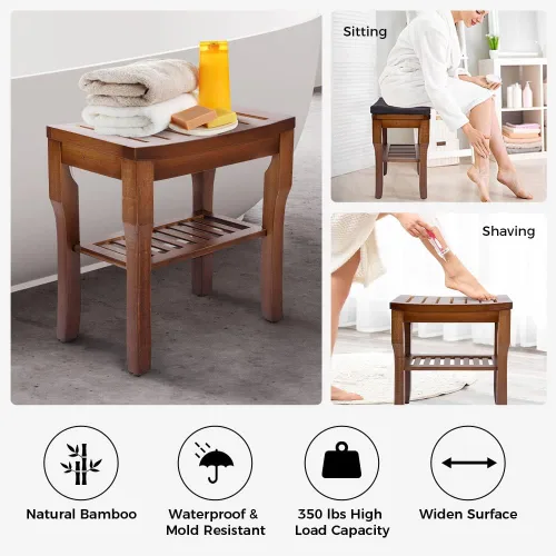 Miniatura 3 de StrongTek Banco de ducha de bambú con cojín, taburete de ducha con estante de almacenamiento, ligero, antideslizante, diseño de drenaje rápido