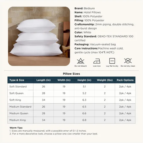 Miniatura 7 de Bedsure - Juego de 2 almohadas estándar para dormir, tamaño estándar para cama, suaves y con soporte, calidad de hotel, relleno original alternativo