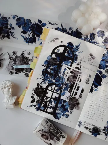 Miniatura 6 de WT Cinta ancha de PET azul cobalto, rollo individual, diseños originales, decoraciones florales, adhesivo transparente claro, diario basura