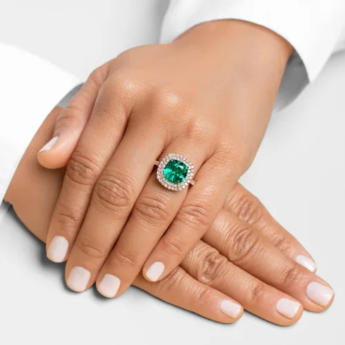 Miniatura 2 de Peora Anillo de diamantes cultivados en laboratorio de esmeralda colombiana de 5 quilates en oro blanco o amarillo de 14 quilates, talla 4 a 10