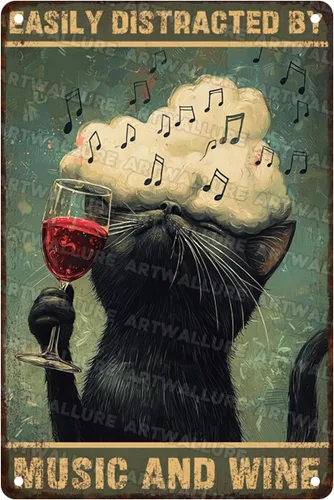 Placa de vinilo de gato negro vintage, placa de lata retro para amantes de la música, decoración de bodega, arte de pared, pintura rústica de Negro