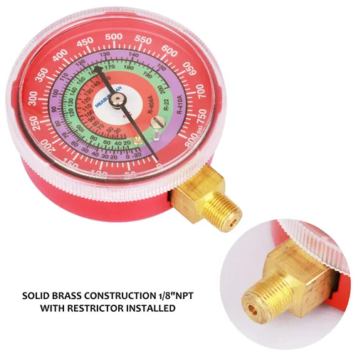Miniatura 5 de Measureman Medidor de presión de refrigeración, esfera de 2-3/4", esfera azul y esfera roja, montaje inferior NPT de 1/8", 30inHg-0-250psi y kit