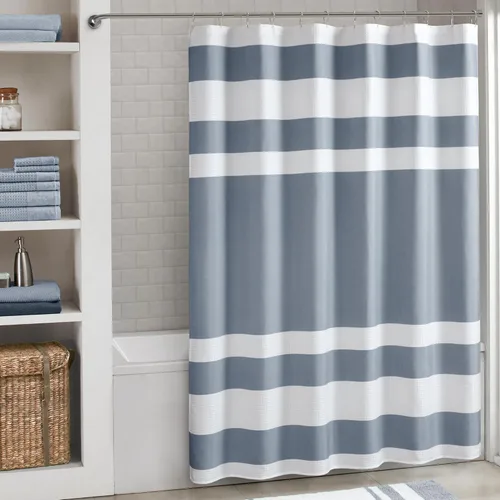 Miniatura 54 de Madison Park Cortina de ducha de tejido waffle con diseño a rayas en piezas, cortina de ducha de tela para baño con gestión de humedad 3M Rayas Taupe