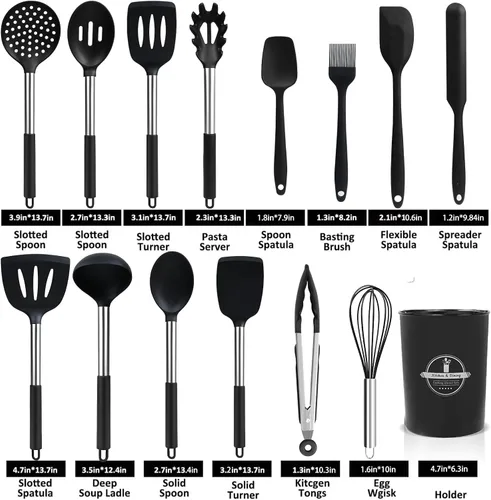 Miniatura 6 de KSENDALO Juego de 26 utensilios de cocina de silicona negra no tóxicos con cucharas, pinzas resistentes al calor, batidor y soporte, aptos