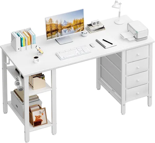 Miniatura 10 de Lufeiya - Escritorio de computadora de 55 pulgadas con 4 cajones de tela y estantes de almacenamiento, escritorio de escritura, trabajo y estudio