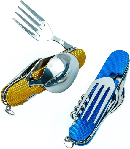 Miniatura 9 de Juego de cubiertos multifunción 6 en 1 para acampar, cuchara desmontable, tenedor, cuchillo, kit combinado con bolsa de transporte