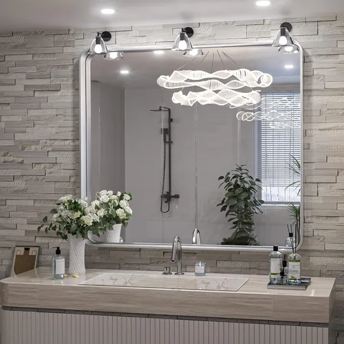 Miniatura 12 de TokeShimi - Espejo para pared de baño, espejo de tocador con marco de metal de aleación de aluminio mate cepillado e inoxidable, decoración rústica