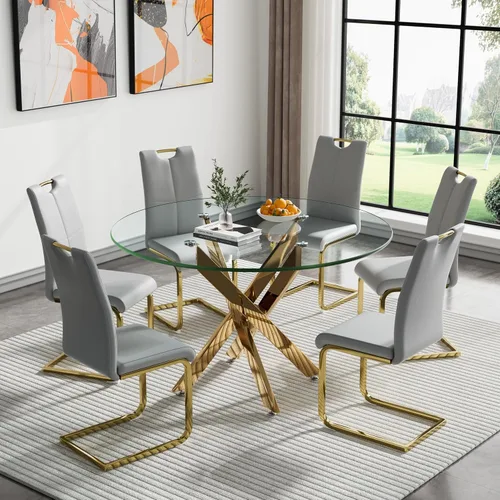 Miniatura 32 de Juego de mesa de comedor redonda de 3 piezas para 2, mesa de cocina moderna de vidrio plateado y sillas para 2 con sillas tapizadas, juego de mesa