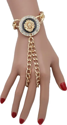 Miniatura 8 de Pulsera de cadena de mano para mujer, diseño de león, anillos de esclavo, metal dorado, Metal