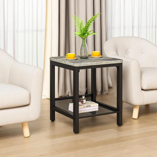 Miniatura 7 de Conjunto de 3 mesas de café AWQM, mesa de café industrial con 2 mesas auxiliares cuadradas, conjunto de mesas modernas para sala de estar con marco