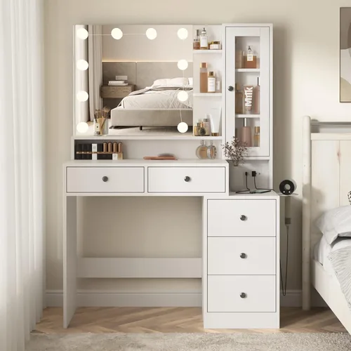 Miniatura 8 de Fameill Escritorio de maquillaje blanco con espejo y luces, mesa de tocador con tira de alimentación y espejo iluminado, mesa de maquillaje grande