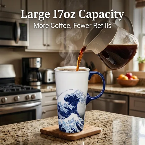 Miniatura 3 de DUSVALLY - Taza de viaje de cerámica de 17 onzas con tapa y asa, taza de café de gran ola, taza de té de arte japonés, apta para microondas