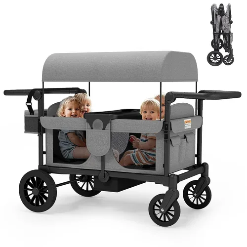 Miniatura 10 de TOLEAD Cochecito para 4 niños, plegable de 4 asientos para exteriores con toldo, manubrio ajustable, arnés de seguridad de 5 puntos, bandeja Negro