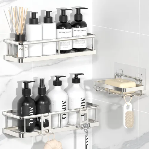 Miniatura 16 de YASONIC Organizador de ducha con adhesivo, 100% a prueba de óxido con soporte para jabón, paquete de 6 estantes de ducha de gran capacidad