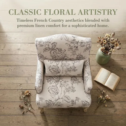 Miniatura 7 de Silla decorativa floral cómoda de tela, cómoda silla de lectura tapizada moderna con almohada extraíble con respaldo alado para sala de estar, Beige