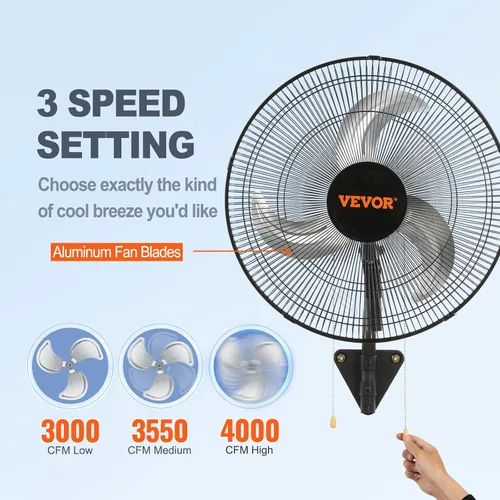 Miniatura 3 de VEVOR - Ventilador de pared de 18.0 pulgadas oscilante, de 3 velocidades, alta velocidad máxima de 4000 CFM, ventilador de pared industrial