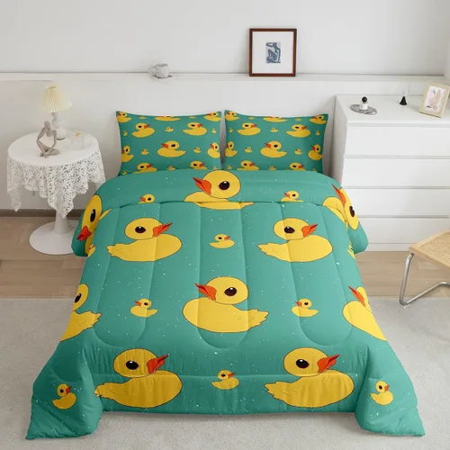 Miniatura 17 de Erosebridal Juego de ropa de cama a cuadros azul para niños, juego de cama individual con diseño de patos amarillos de dibujos animados, juego