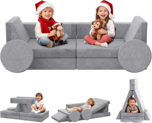 Sofá para niños BIERUM, sofá modular para niños de 12 piezas con manta, sofá para niños para sala de juegos y interior, sofá convertible para niñas