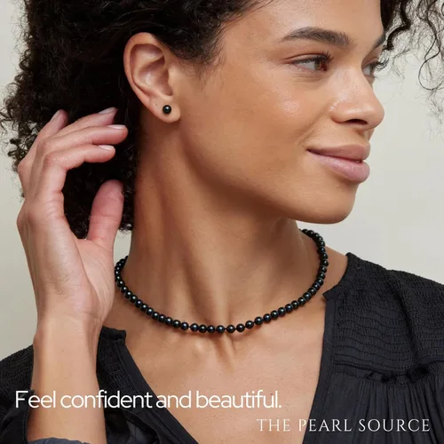 Miniatura 6 de The Pearl Source Black Akoya Japanese Pearl Necklace for Women - 14k Gold Pearl Strand Necklace 18in Long Pearl Necklace with Genuine Cultured