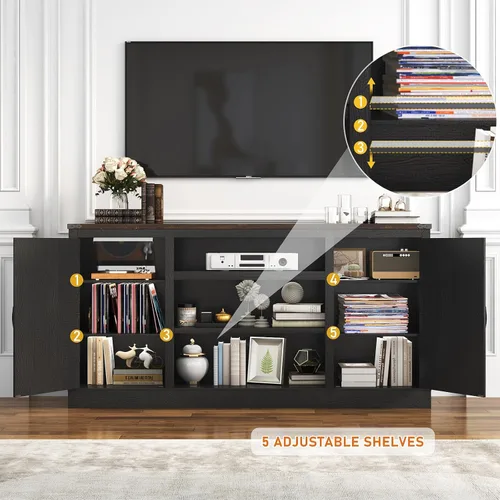 Miniatura 4 de Hlivelood Mueble de TV Estilo Granja de 66" con Tomas de Corriente para TVs de 75 Pulgadas, Centro de Entretenimiento de 33" de Alto con Gabinetes