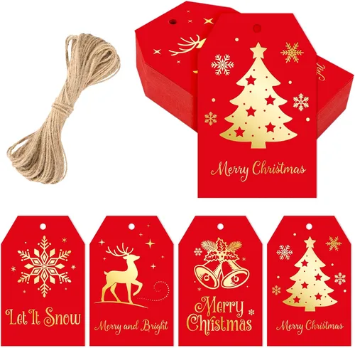 Miniatura 16 de joycraft 50 etiquetas de Feliz Navidad con cuerda - 3.3 x 2.1 pulgadas etiquetas blancas de papel con calcetín navideño, etiquetas colgantes