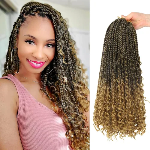 Miniatura 14 de Goddess Box Braids - Trenzas de cabello a ganchillo con extremos rizados, trenzas de caja bohemianas de 16 pulgadas, trenzas de ganchillo, 8 1B-4-30